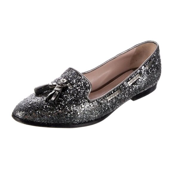 Miu Miu Women's US 7/EUR 38 Silver Ardesia Glitter Tassel Smoking Flat Loafers - Picture 2 of 9